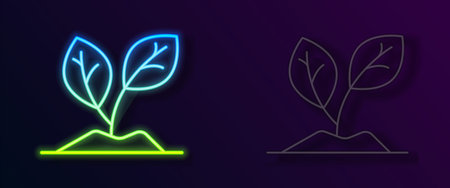 Glowing neon line Sprout icon isolated on black background. Seed and seedling. Leaves sign. Leaf nature. Vector.のイラスト素材