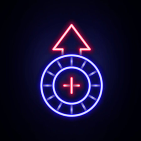 Glowing neon line Casino chips icon isolated on brick wall background. Casino gambling. Colorful outline concept. Vector.のイラスト素材