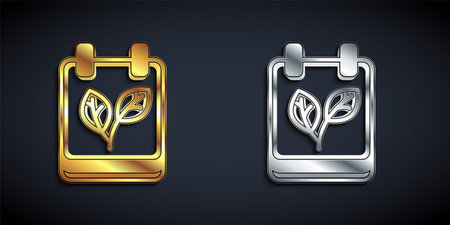 Gold and silver Calendar with autumn leaves icon isolated on black background. Long shadow style. Vector.のイラスト素材