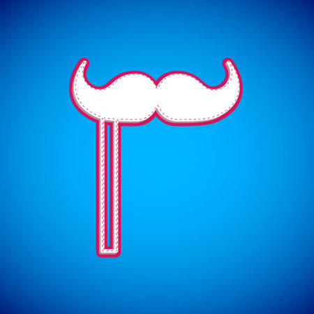 White Paper mustache on stick icon isolated on blue background. Concept with cardboard carnival mask. Mask for a photo shoot. Vector.のイラスト素材
