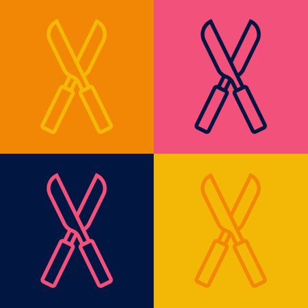 Pop art line Gardening handmade scissors for trimming icon isolated on color background. Pruning shears with wooden handles. Vector.のイラスト素材