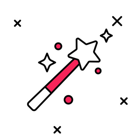 Filled outline Magic wand icon isolated on white background. Star shape magic accessory. Magical power. Vector.のイラスト素材