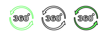Set line 360 degree view icon isolated on white background. Virtual reality. Angle 360 degree camera. Panorama photo. Vector.のイラスト素材