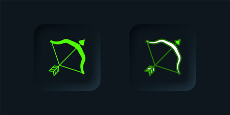 Green Medieval bow and arrow icon isolated on black background. Medieval weapon. Black square button. Vector.のイラスト素材