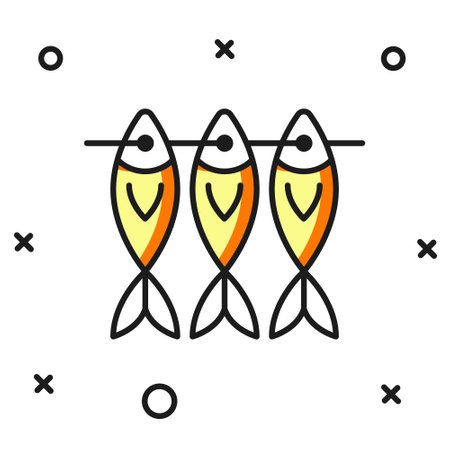 Filled outline Dried fish icon isolated on white background. Flat filled outline style with shadow. Vector.のイラスト素材