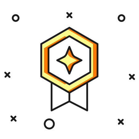 Filled outline Game rating with medal icon isolated on white background. Level results for game. Flat filled outline style with shadow. Vector.のイラスト素材