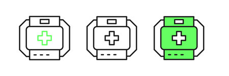 Set line First aid kit icon isolated on white background. Medical box with cross. Medical equipment for emergency. Healthcare concept. Vector.のイラスト素材