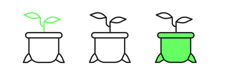 Set line Plant in pot icon isolated on white background. Plant growing in a pot. Potted plant sign. Vector.のイラスト素材