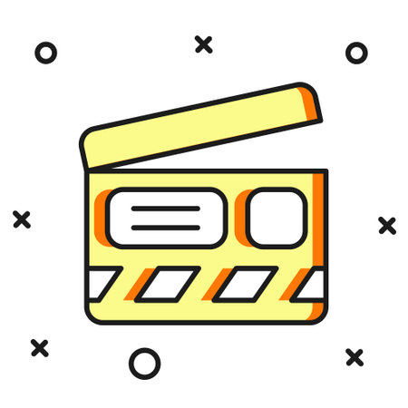 Filled outline Movie clapper icon isolated on white background. Film clapper board. Clapperboard sign. Cinema production or media industry. Flat filled outline style with shadow. Vector.のイラスト素材