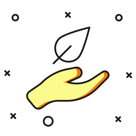 Filled outline Hand hold a leaf of the plant icon isolated on white background. Care nature. Leaf shoots with environmental protection. Flat filled outline style with shadow. Vector.のイラスト素材