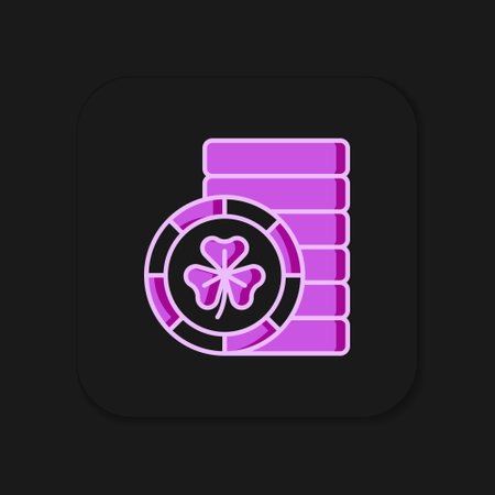 Filled outline Golden leprechaun coin with clover trefoil leaf icon isolated on black background. Happy Saint Patricks day. National Irish holiday. Flat filled outline style with shadow. Vector.のイラスト素材