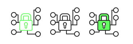 Set line Cyber security icon isolated on white background. Closed padlock on digital circuit board....