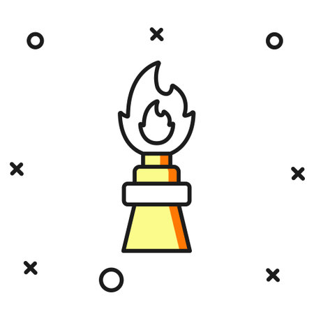 Filled outline Oil rig with fire icon isolated on white background. Fire accident. Gas tower Industrial object. Flat filled outline style with shadow. Vector.のイラスト素材