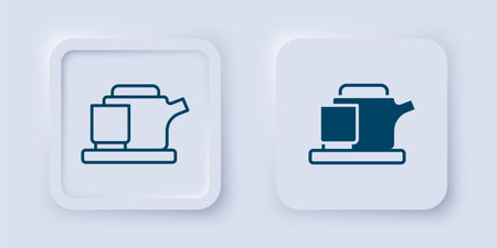 Filled and outline Traditional tea ceremony icon isolated on gray background. Teapot with cup. Square button. Vector.のイラスト素材