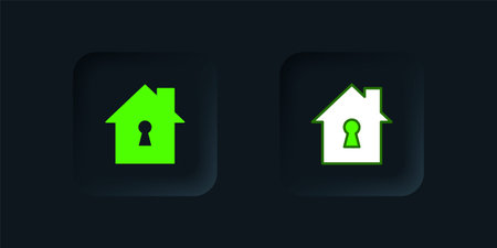 Green House under protection icon isolated on black background. Home and shield. Protection, safety, security, protect, defense concept. Black square button. Vector.のイラスト素材