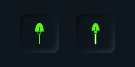 Green Shovel icon isolated on black background. Gardening tool. Tool for horticulture, agriculture, farming. Black square button. Vector.のイラスト素材
