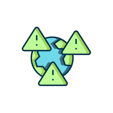Filled outline Planet earth symbol with exclamation mark icon isolated on white background. Global earth, Exclamation mark danger. Flat filled outline style with shadow. Vector.のイラスト素材
