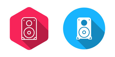 Filled and outline Stereo speaker icon isolated with long shadow background. Sound system speakers. Music icon. Musical column speaker bass equipment. Vector.のイラスト素材