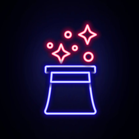 Glowing neon line Magician hat icon isolated on brick wall background. Magic trick. Mystery entertainment concept. Colorful outline concept. Vector.のイラスト素材