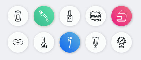 Set line Makeup Cream brush or lotion cosmetic tube Smiling lips Bar of soap Bottle nail polish Round makeup mirror and icon. Vector.のイラスト素材