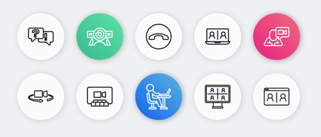 Set line Freelancer Video chat conference 360 degree view Telephone handset and icon. Vector.
