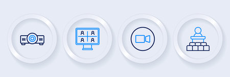 Set line Speaker Video chat conference and Movie film media projector icon. Vector.