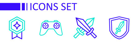 Set line Sword for game Game controller joystick and rating with medal icon. Vector.のイラスト素材