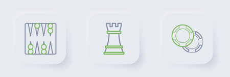 Set line Casino chips Chess and Backgammon board icon. Vector.
