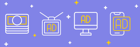 Set line Advertising and Stacks paper money cash icon. Vector.のイラスト素材