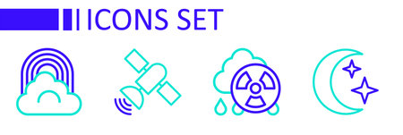 Set line Moon and stars Acid rain radioactive cloud Satellite and Rainbow with icon. Vector.