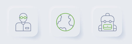 Set line School backpack Earth globe and Teacher icon. Vector.