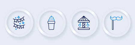 Set line Paper mustache on stick Attraction carousel Ice cream in waffle and Carnival garland with flags icon. Vector.のイラスト素材