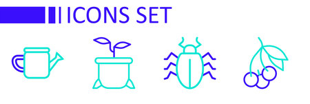 Set line Fresh berries Colorado beetle Plant in pot and Watering can icon. Vector.のイラスト素材