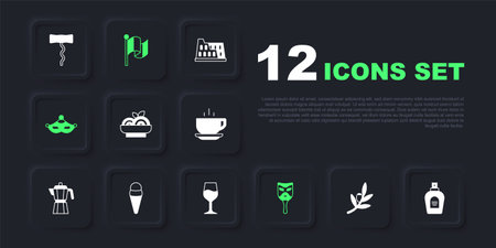 Set Olives branch Perfume Pasta spaghetti Carnival mask Ice cream in waffle Flag Italy and Wine glass icon. Vector.のイラスト素材