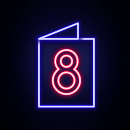 Glowing neon line Greeting card with 8 March icon isolated on brick wall background. International...