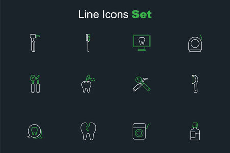 Set line Mouthwash Dental floss Broken tooth Tooth mirror and probe with caries drill and icon. Vector.のイラスト素材