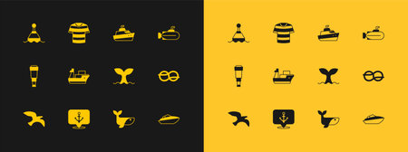 Set Submarine Anchor Whale tail Cargo ship Speedboat Floating buoy and Striped sailor t-shirt icon. Vector.のイラスト素材