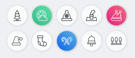 Set line Candy cane with stripes Roasted turkey or chicken Christmas Santa Claus hat ringing bell chimney lights and stocking icon. Vector.のイラスト素材