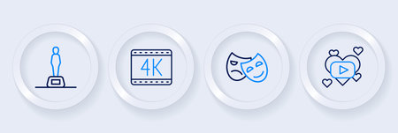 Set line Romantic movie Comedy and tragic masks 4k and Movie trophy icon. Vector.