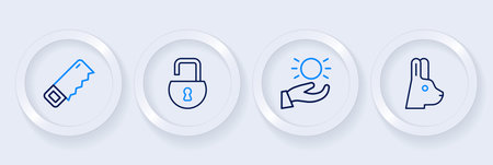 Set line Rabbit with ears Ball levitating above hand Open padlock and Hand saw icon. Vector.