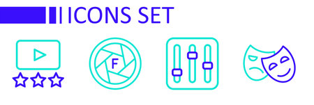 Set line Comedy and tragic masks Sound mixer controller Camera shutter and Rating movie icon....