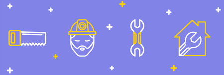 Set line House with wrench spanner Wrench Builder and Hand saw icon. Vector.