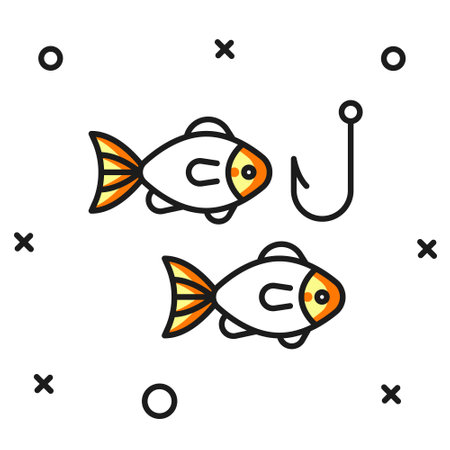 Filled outline Fishing hook under water with fish icon isolated on white background. Fishing tackle. Flat filled outline style with shadow. Vector.のイラスト素材