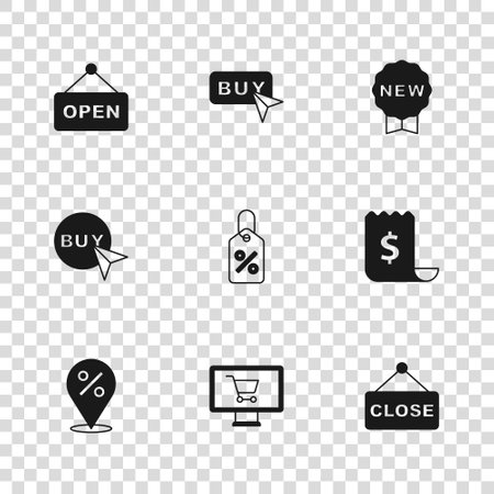 Set Shopping cart on monitor Paper check and financial check Hanging sign with text Closed Discount percent tag Price New Open Buy button and icon. Vector.のイラスト素材