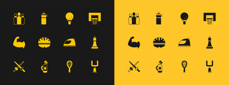 Set Basketball backboard Golf bag with clubs Racing helmet Tennis racket Bicycle on tee Bowling pin and Fitness shaker icon. Vector.のイラスト素材