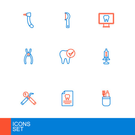 Set line Toothbrush and toothpaste Clipboard with dental card Dental mirror probe Syringe pliers Online care and floss icon. Vector.のイラスト素材