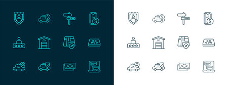 Set line Mobile banking Taxi car insurance Location taxi Stacks paper money cash Garage for Road traffic sign Life with shield and Taximeter device icon. Vector.のイラスト素材