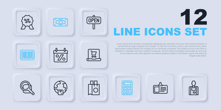 Set line Identification badge Seller Discount percent tag Calculator Barcode Worldwide shipping Stacks paper money cash and Paper shopping bag icon. Vector.のイラスト素材