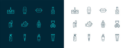 Set line Bottle of nail polish Cream or lotion cosmetic tube shampoo Tube hand cream Shaving foam Smiling lips Human hair follicle and icon. Vector.のイラスト素材