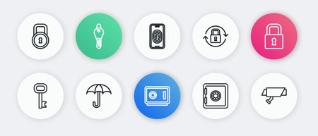 Set line Safe Lock Old key Mobile with fingerprint scanner Security camera and Umbrella icon. Vector.のイラスト素材